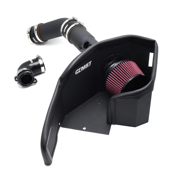 Enhanced car air intake system components: a black air filter housing with a pink filter, rubber hoses, and metal clamps.