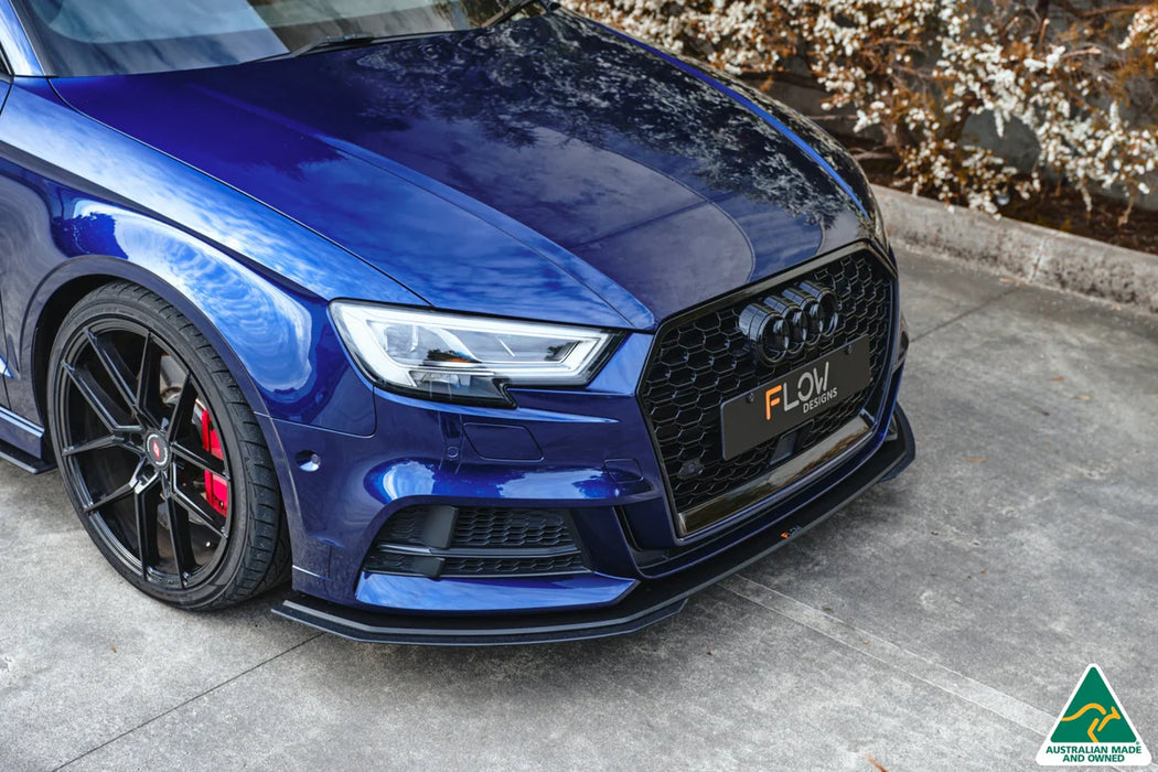 Flow Design Audi S3 8V Sedan Facelift Gloss Black/Textured Black Front Lip Splitter & Mounting Brace