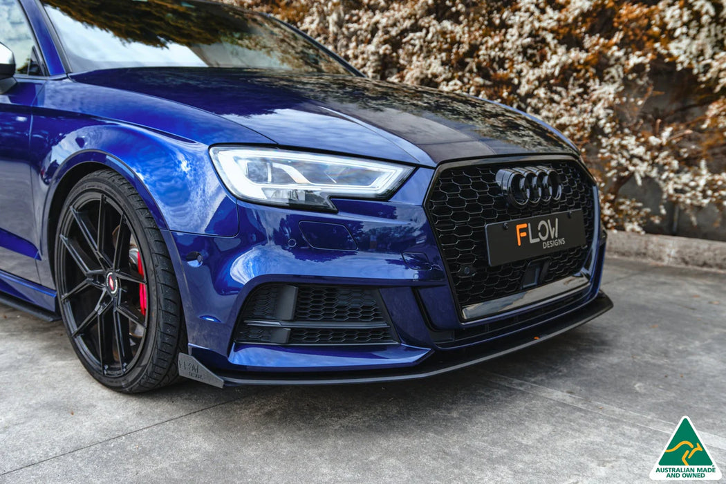 Flow Design Audi S3 8V Sedan Facelift Gloss Black/Textured Black Front Lip Splitter & Mounting Brace