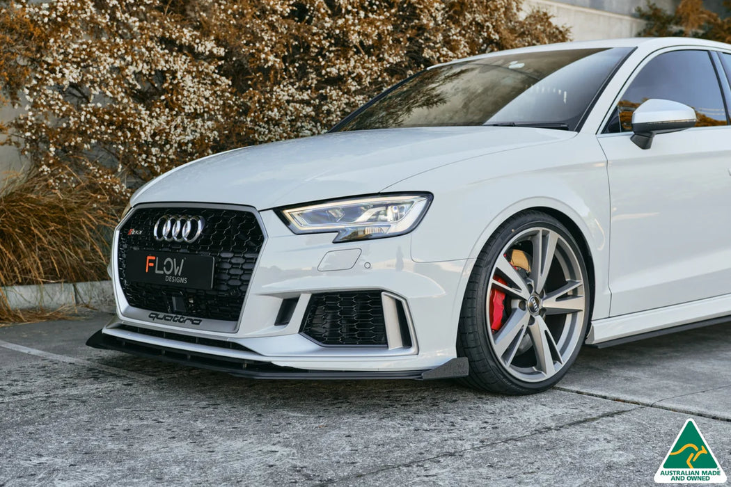 Flow Design Audi RS3 8V Sedan Facelift Gloss Black/Textured Black Front Lip Splitter & Stainless Steel Mounting Brace