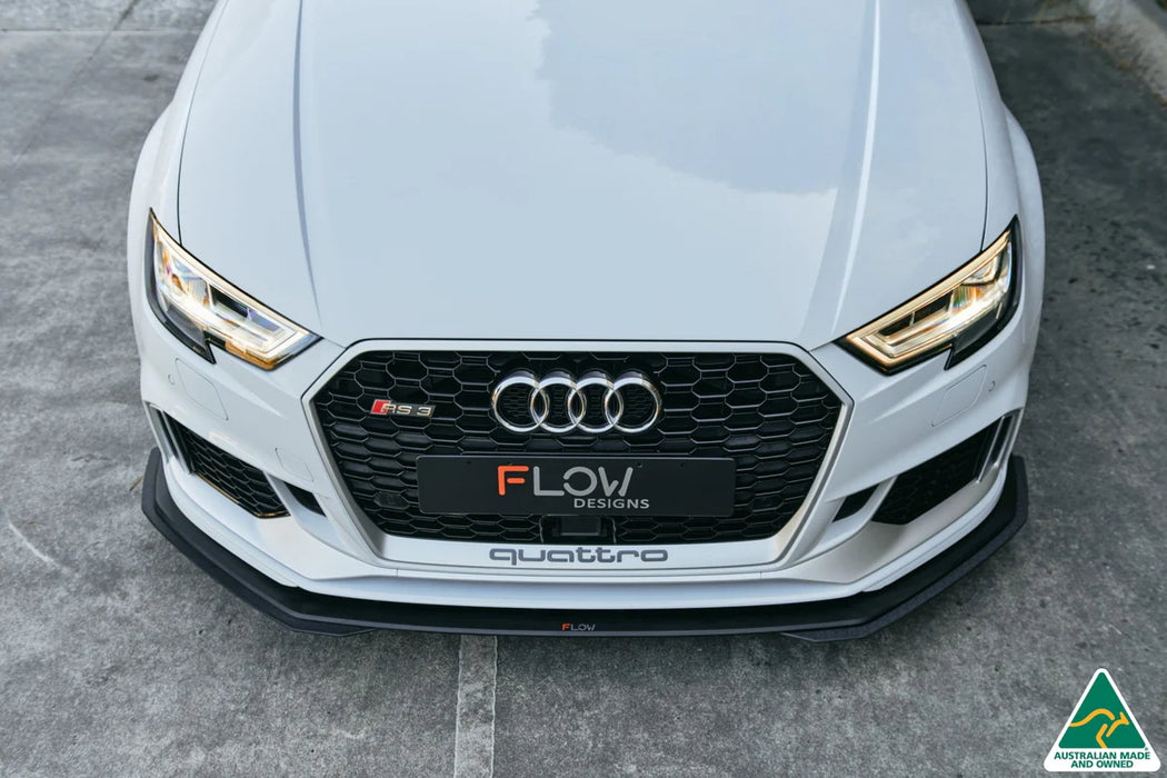 Flow Design Audi RS3 8V Sedan Facelift Gloss Black/Textured Black Front Lip Splitter & Stainless Steel Mounting Brace