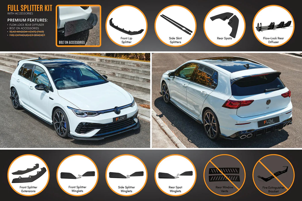 Flow Design VW MK8 Golf R Full Lip Splitter Set - No/All Accessories