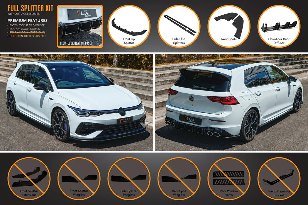 Flow Design VW MK8 Golf R Full Lip Splitter Set - No/All Accessories