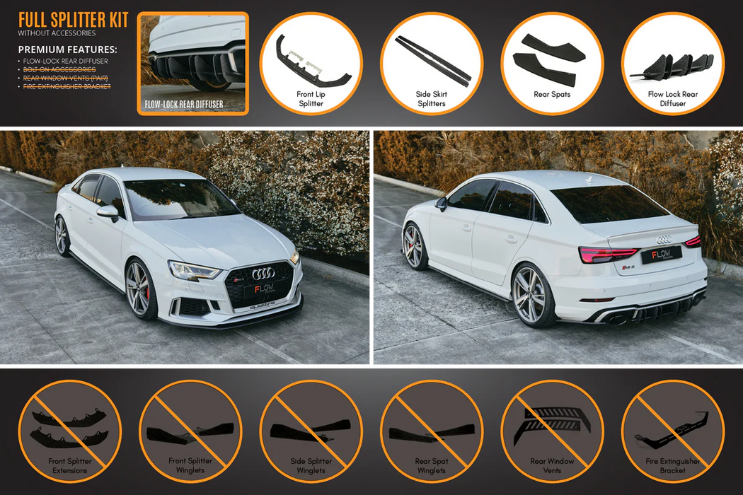 Flow Design Audi RS3 8V Sedan Facelift Gloss Black/Textured Black Full Lip Splitter Set (With or without accessories)