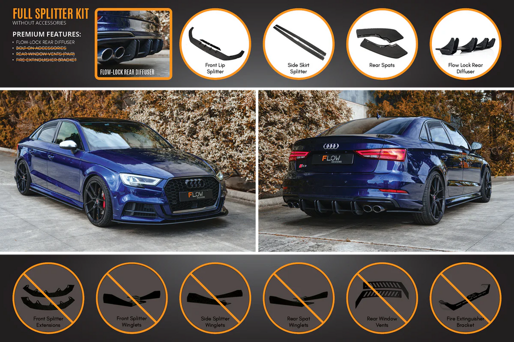 Flow Design Audi S3 8V Sedan FL V3 Full Lip Splitter with Flow-Lock Rear Diffuser (With or without accessories)